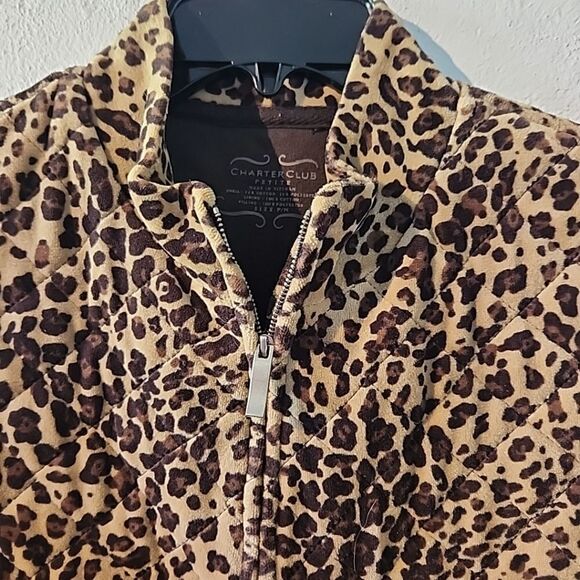 Charter Club Leopard Print Fleece Vest Brown And Beige Zip-Up Petite Size M - Picture 2 of 6